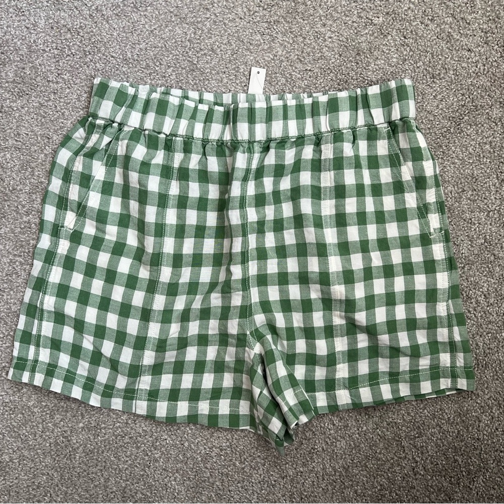Madewell Linen Blend Green and White Gingham Shorts